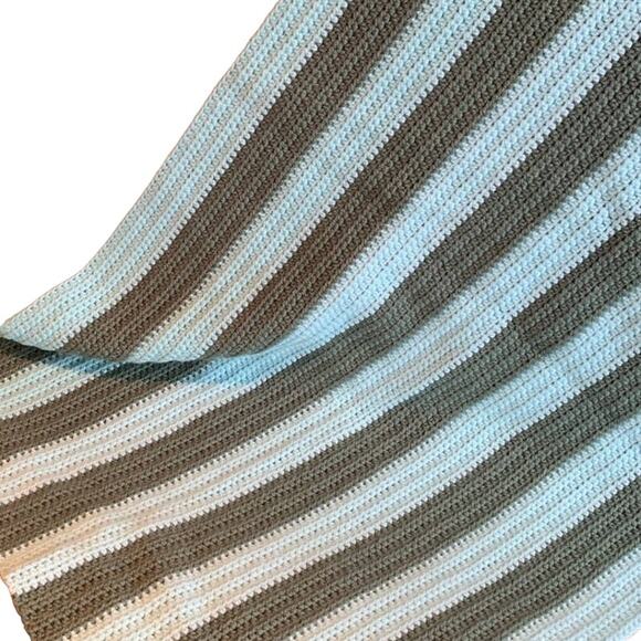 Handmade Crocheted Green Striped Lap Blanket Afghan Throw Child Size - Picture 2 of 4